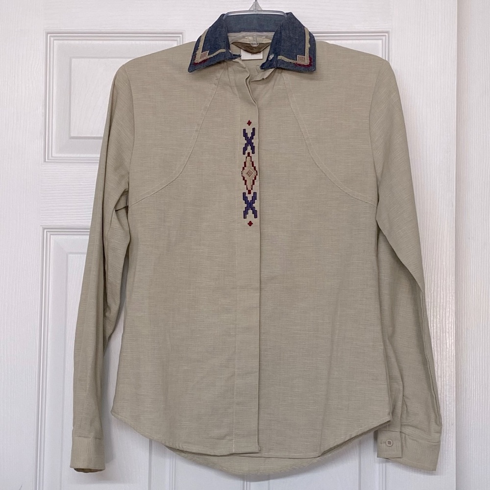 Roper Western Tan Shirt Southwestern Embroidery Rodeo Ranch Cowgirl Sz XS